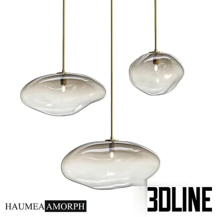 High-quality 3D model set of Haumea Amorph organic melted glass pendant lamps with brass accents for modern interior lighting
