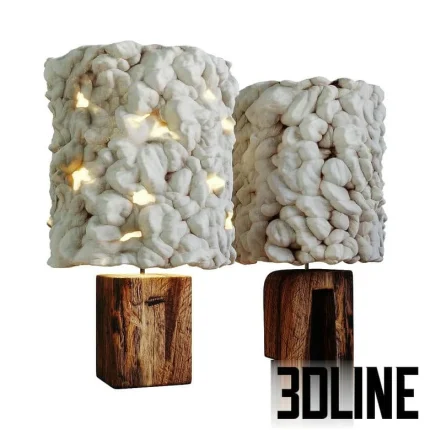 High-resolution 3D model of Helen Loom rustic floor lamp with sculptural white texture shade and natural wood block base