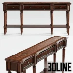 High-resolution 3D model of Hooker Furniture Grandover three-drawer console table with mahogany finish and detailed inlay top