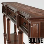 High-resolution 3D model of Hooker Furniture Grandover three-drawer console table with mahogany finish and detailed inlay top