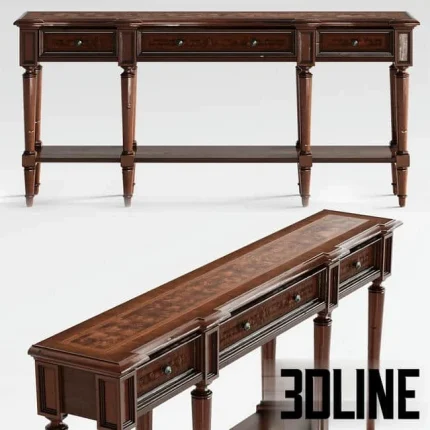 High-resolution 3D model of Hooker Furniture Grandover three-drawer console table with mahogany finish and detailed inlay top