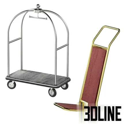 High-resolution 3D model set of a hotel luggage trolley with chrome frame and a small service push cart