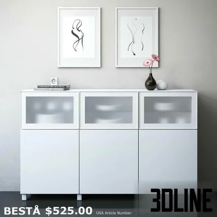 High-resolution 3D model of IKEA BESTA three-section storage cabinet with glass doors, white finish, and decorative frames