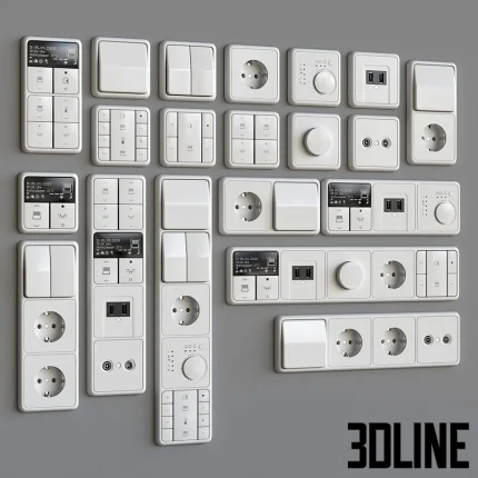 High-resolution 3D model set of Jung CD 500 black electrical switches, sockets, and smart home control panels