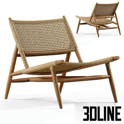 High-quality 3D model of Kave Home Codolar modern lounge chair with natural woven rope seat and wooden frame
