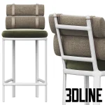 High-quality 3D model of Kettal ROLL upholstered bar stool with cylindrical back cushions and white metal frame