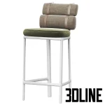 High-quality 3D model of Kettal ROLL upholstered bar stool with cylindrical back cushions and white metal frame