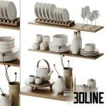 High-resolution 3D model set of kitchen decor and utensils including white ceramic plates, tea set, glassware, and wooden shelves