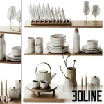 High-resolution 3D model set of kitchen decor and utensils including white ceramic plates, tea set, glassware, and wooden shelves