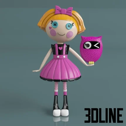 High-resolution 3D model of Lalaloopsy doll holding a pink owl toy (Sovushka) for nursery and children's room visualization