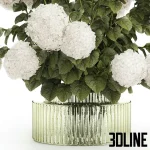 High-resolution 3D model of a large, lush bouquet of white hydrangea flowers in a decorative ribbed glass/metal vase