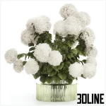 High-resolution 3D model of a large, lush bouquet of white hydrangea flowers in a decorative ribbed glass/metal vase