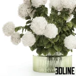 High-resolution 3D model of a large, lush bouquet of white hydrangea flowers in a decorative ribbed glass/metal vase