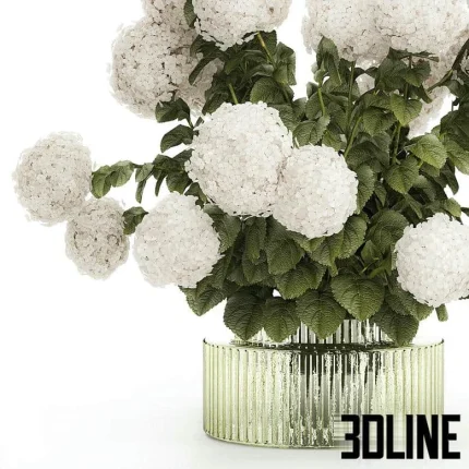 High-resolution 3D model of a large, lush bouquet of white hydrangea flowers in a decorative ribbed glass/metal vase