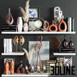 High-resolution 3D model set of modern decorative objects including vases, sculptures, books, and clock for bookshelf and console table styling