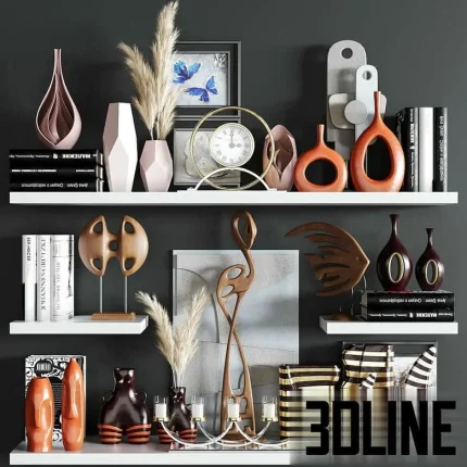 High-resolution 3D model set of modern decorative objects including vases, sculptures, books, and clock for bookshelf and console table styling
