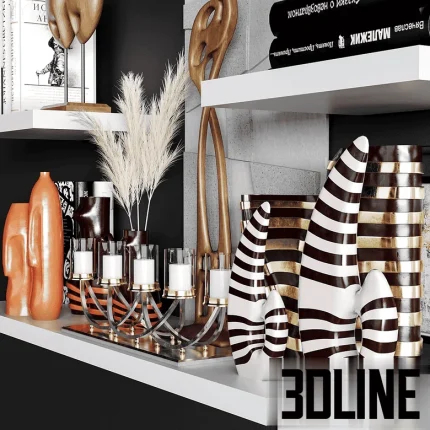 High-resolution 3D model set of modern decorative objects including vases, sculptures, books, and clock for bookshelf and console table styling
