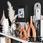 High-resolution 3D model set of modern decorative objects including vases, sculptures, books, and clock for bookshelf and console table styling