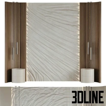 High-resolution 3D model of a large modern upholstered headboard with integrated wooden nightstands and vertical accent lighting