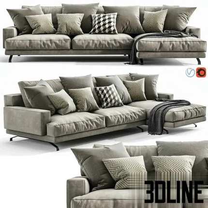 High-quality 3D model of Lemamobili Mustique sectional chaise lounge with multiple cushions, throw blanket, and low metal base