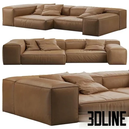 High-quality 3D model of Living Divani Extrasoft modular sofa in luxurious camel leather upholstery with accent pillows