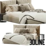 High-quality 3D model of Loca Loft upholstered bed with tall fabric headboard and luxury beige bedding set