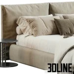 High-quality 3D model of Loca Loft upholstered bed with tall fabric headboard and luxury beige bedding set