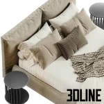 High-quality 3D model of Loca Loft upholstered bed with tall fabric headboard and luxury beige bedding set