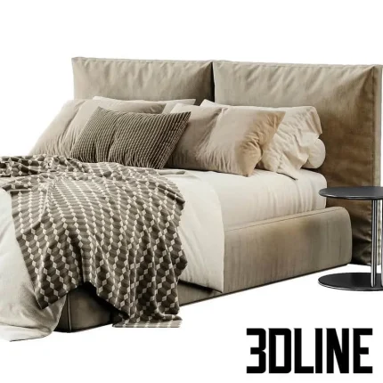 High-quality 3D model of Loca Loft upholstered bed with tall fabric headboard and luxury beige bedding set