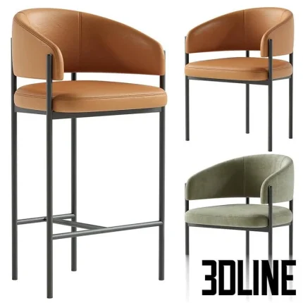 High-quality 3D model set of Lorenzo leather bar stool and matching chair with curved backs and thin metal frames