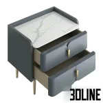 High-quality 3D model of a luxury bedside table with white marble top, grey lacquered body, and gold tapered legs