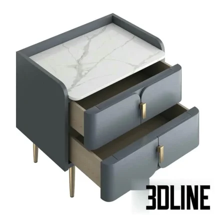 High-quality 3D model of a luxury bedside table with white marble top, grey lacquered body, and gold tapered legs