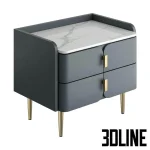 High-quality 3D model of a luxury bedside table with white marble top, grey lacquered body, and gold tapered legs