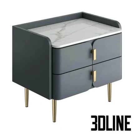 High-quality 3D model of a luxury bedside table with white marble top, grey lacquered body, and gold tapered legs