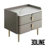 High-quality 3D model of a luxury bedside table with white marble top, grey lacquered body, and gold tapered legs