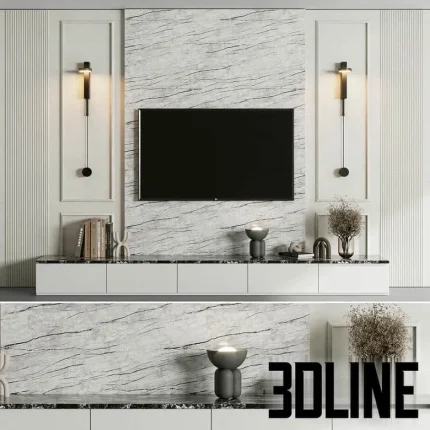 High-resolution 3D model of a luxury TV wall panel with large marble slab, plaster molding, and integrated white console unit