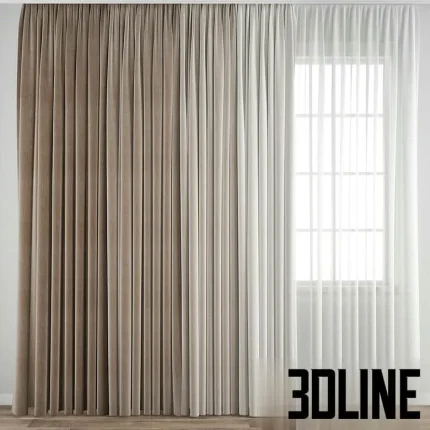 High-resolution 3D model of a luxury curtain set with thick pleated beige velvet drapery and translucent white sheer curtain