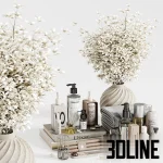 High-resolution 3D model set of luxury spa bathroom accessories including folded towels, lotion bottles, and decorative foliage on a tray