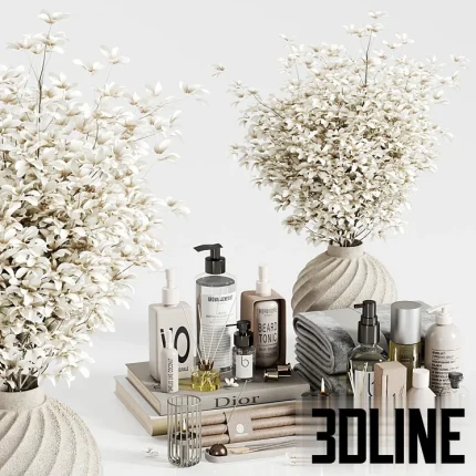 High-resolution 3D model set of luxury spa bathroom accessories including folded towels, lotion bottles, and decorative foliage on a tray