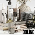 High-resolution 3D model set of luxury spa bathroom accessories including folded towels, lotion bottles, and decorative foliage on a tray