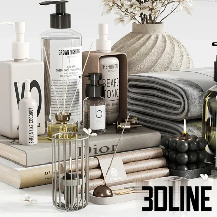 High-resolution 3D model set of luxury spa bathroom accessories including folded towels, lotion bottles, and decorative foliage on a tray