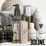 High-resolution 3D model set of luxury spa bathroom accessories including folded towels, lotion bottles, and decorative foliage on a tray