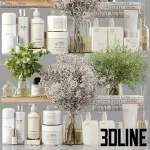 High-resolution 3D model set of luxury spa bathroom accessories including lotion bottles, cosmetic jars, towels, and dried decorative flowers
