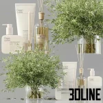 High-resolution 3D model set of luxury spa bathroom accessories including lotion bottles, cosmetic jars, towels, and dried decorative flowers