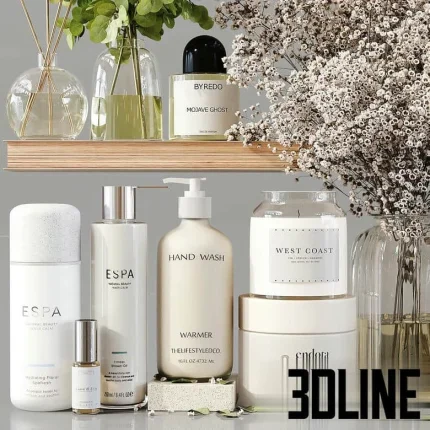 High-resolution 3D model set of luxury spa bathroom accessories including lotion bottles, cosmetic jars, towels, and dried decorative flowers