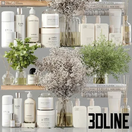 High-resolution 3D model set of luxury spa bathroom accessories including lotion bottles, cosmetic jars, towels, and dried decorative flowers
