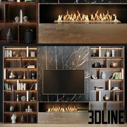 High-resolution 3D model of a luxury TV wall set with dark marble, slatted wood paneling, integrated shelving, and linear bio fireplace