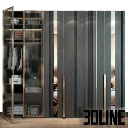 High-resolution 3D model of a luxury wardrobe set with fluted panels, mirrored sections, glass doors, and gold metal accents