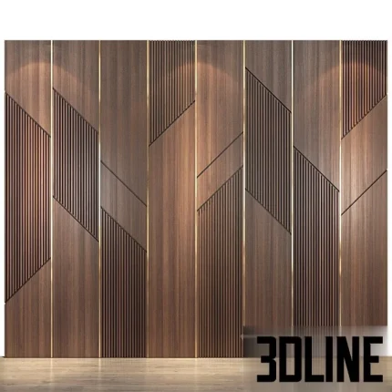 High-resolution 3D model of a luxury wood wall panel set with geometric slatted sections and vertical brass accents