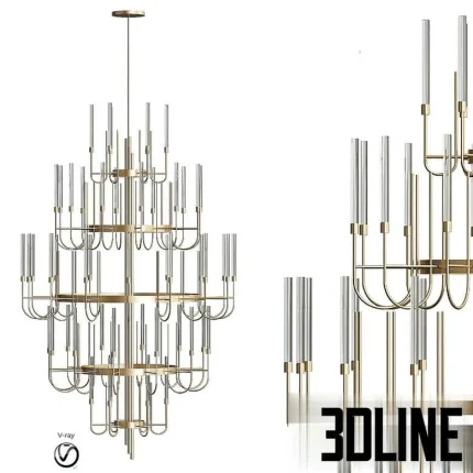 High-resolution 3D model of Luxxu Gala tiered sculptural chandelier with vertical glass tubes and gold plated frame